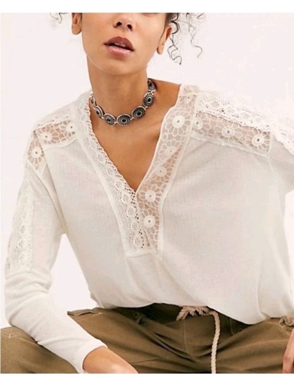Free People Lola Laced Tee Top Ivory Long Sleeve Womens Size XS Feminine Relaxed